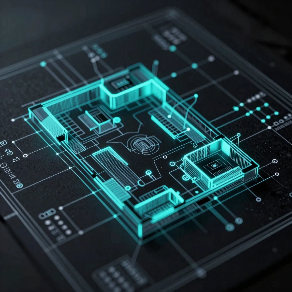 Architectural blueprint with cyan data points