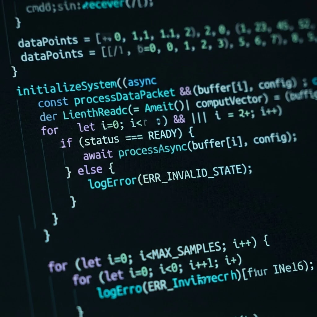 Dark software interface with neon-cyan code