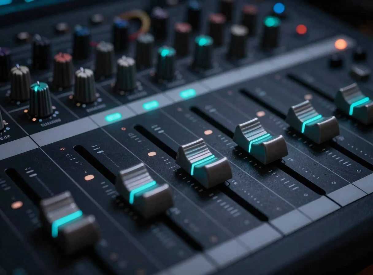 Macro shot of a high-end sound mixing console with glowing cyan faders