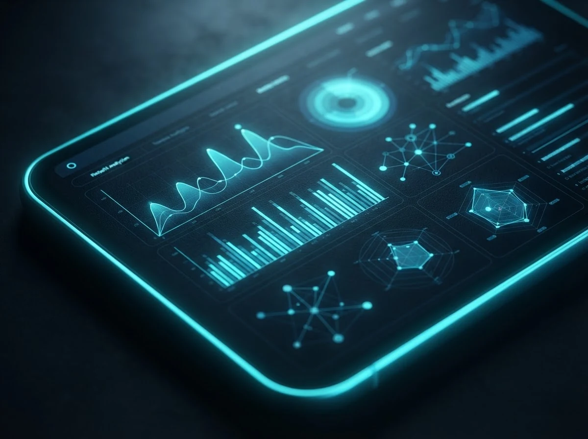 Retail analytics interface with neon-cyan lighting